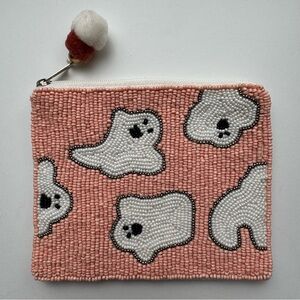 Peach Beaded Ghost Coin Pouch Halloween Zip Card Holder Shirdee